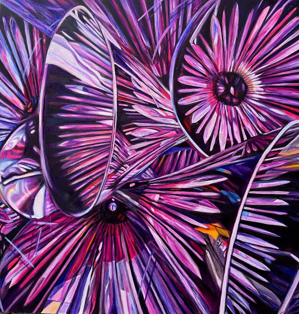 Vibrant abstract floral painting with purple and magenta blooms