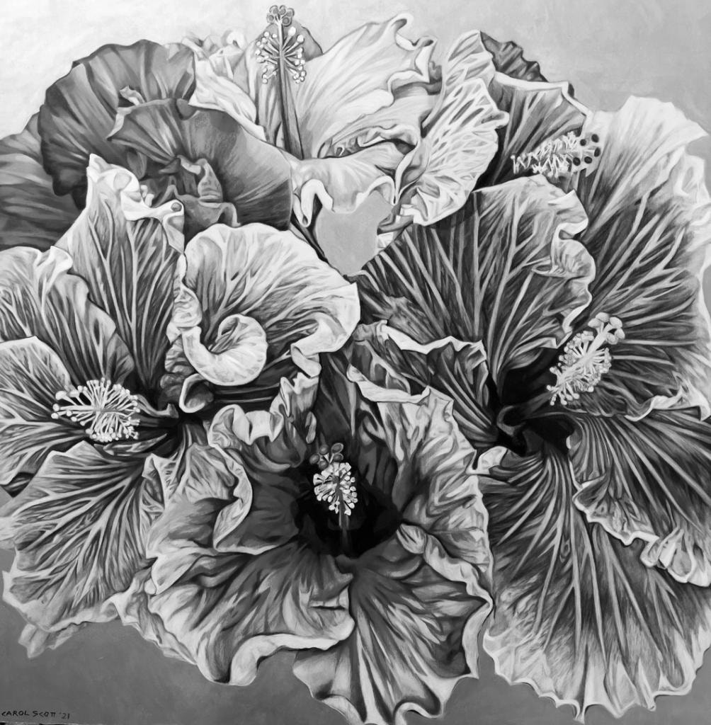 Black and white hibiscus flowers painting
