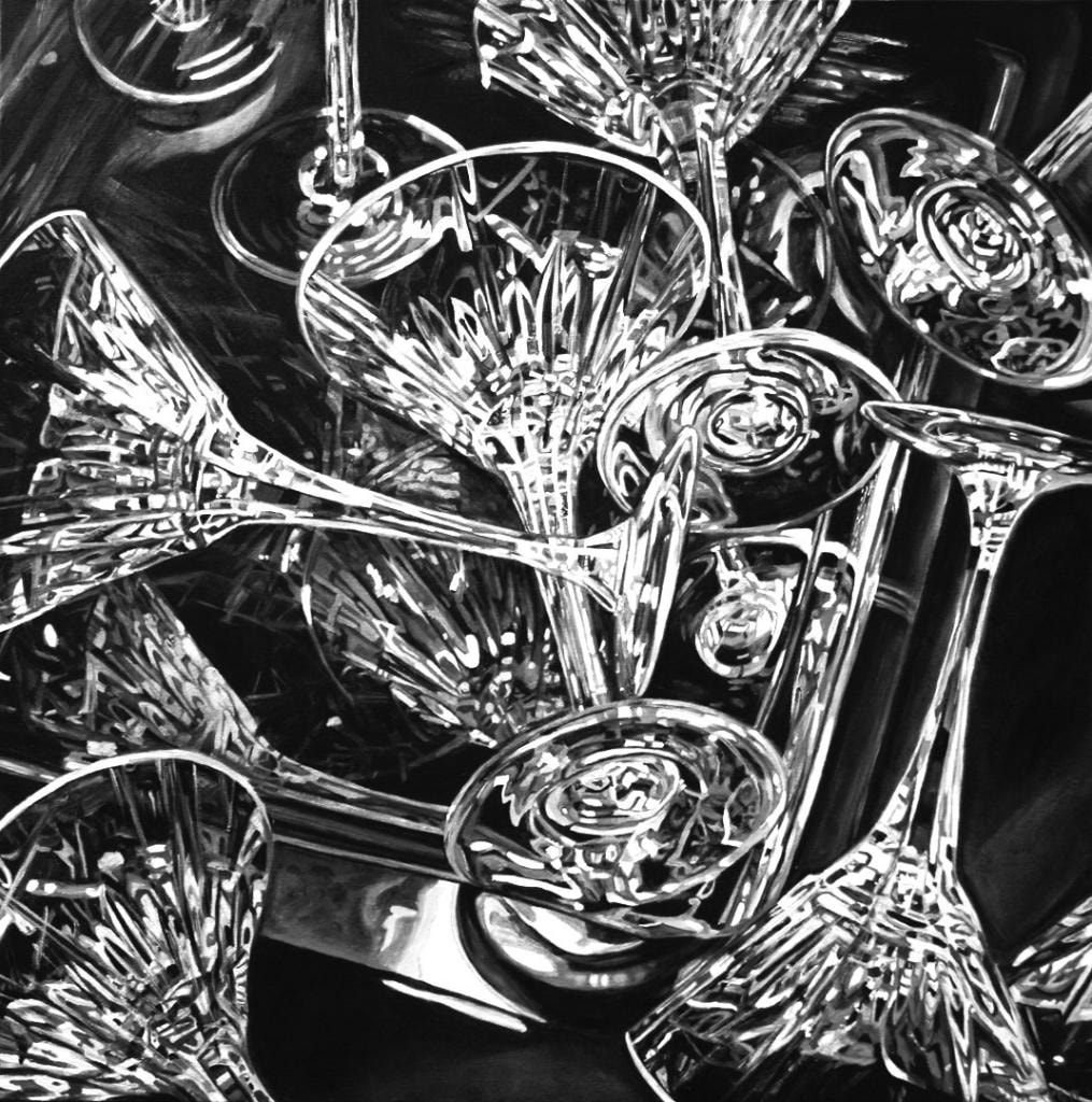 Black and white painting of scattered crystal glasses
