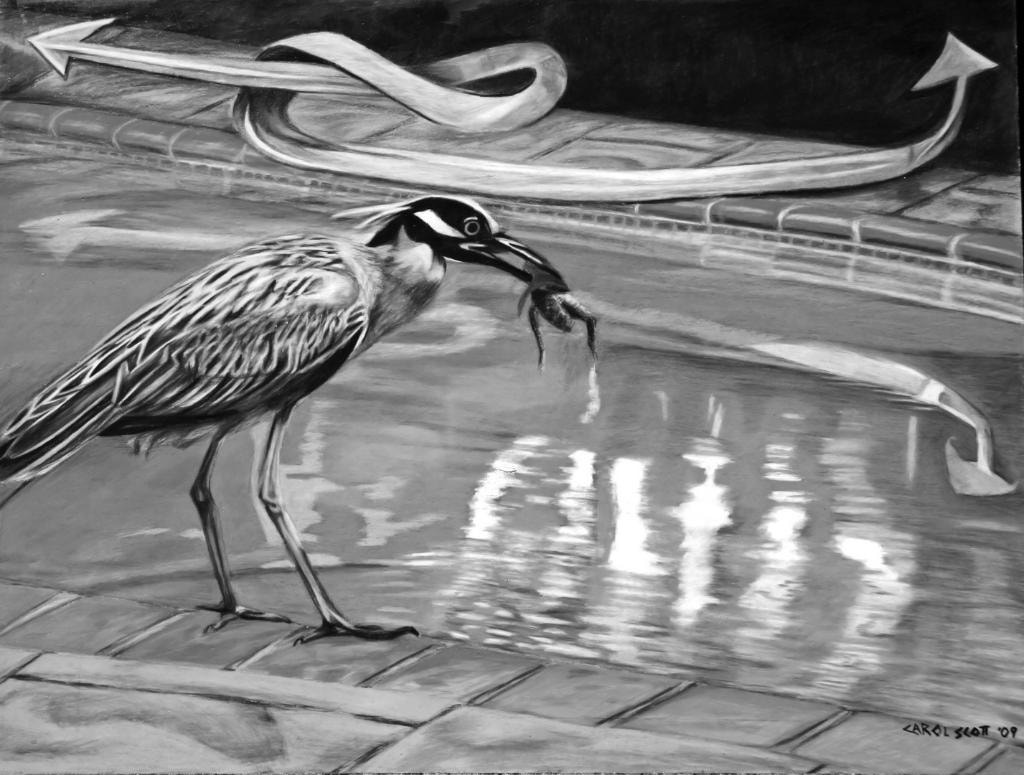 Black and white painting of heron catching prey at poolside